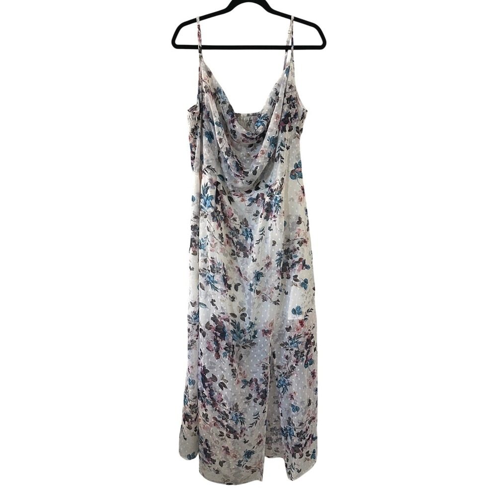 Cider Floral Cowl Neck Maxi Dress White Blue Swiss Dot Smocked Back 2XL Cottage